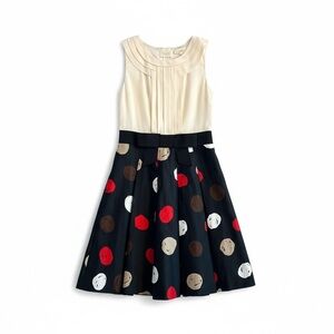 Kate Spade Silk Cream & Black Polka Dot Pleated Skirt Dress Bow Waist Size 8 EUC